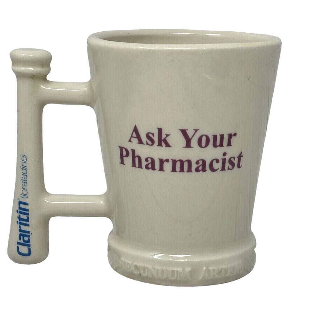 CLARITIN Mortar & Pestle Coffee Cup Mug Ask Your Pharmacist Advertising VTG